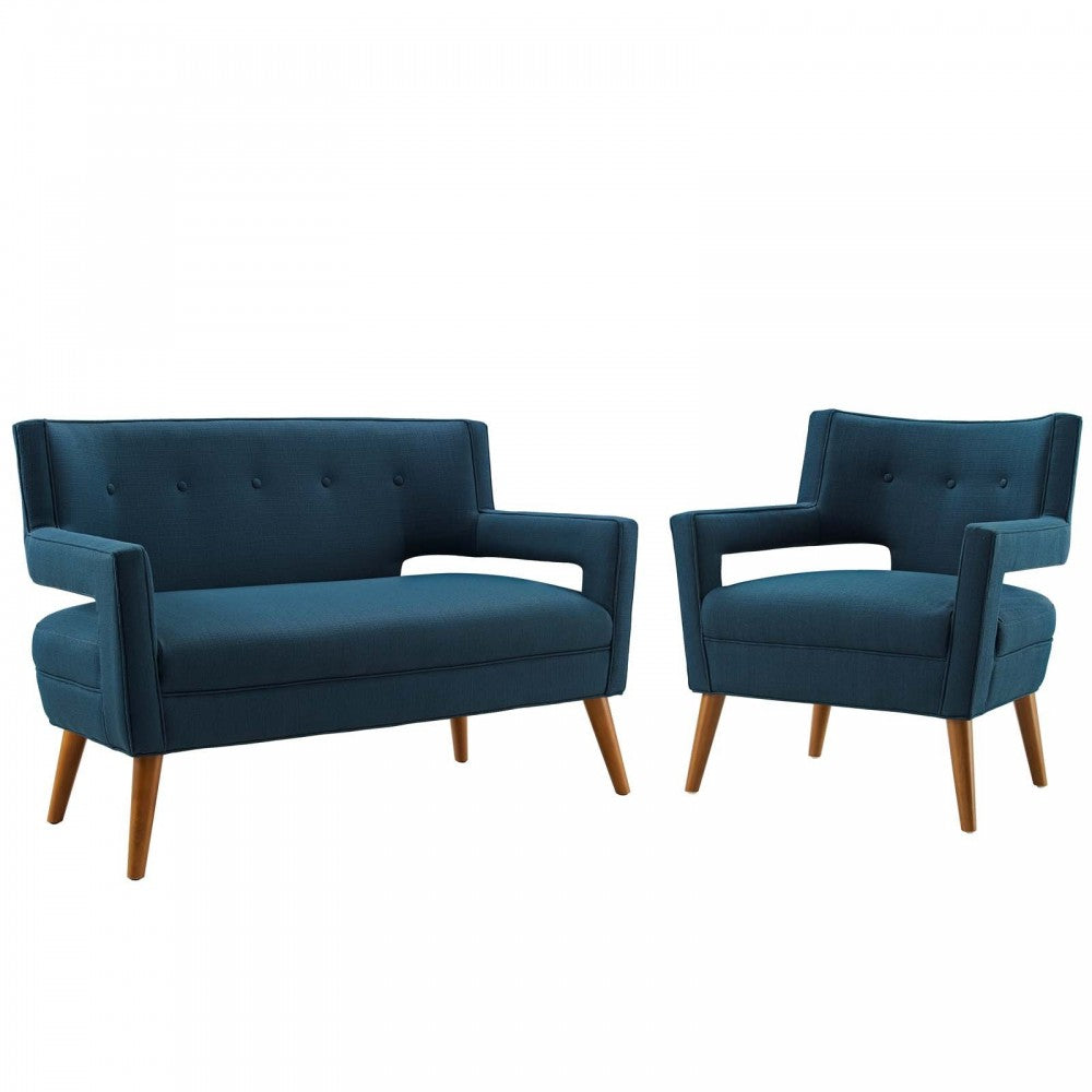 Sheer Upholstered Fabric Loveseat and Armchair Set, Azure