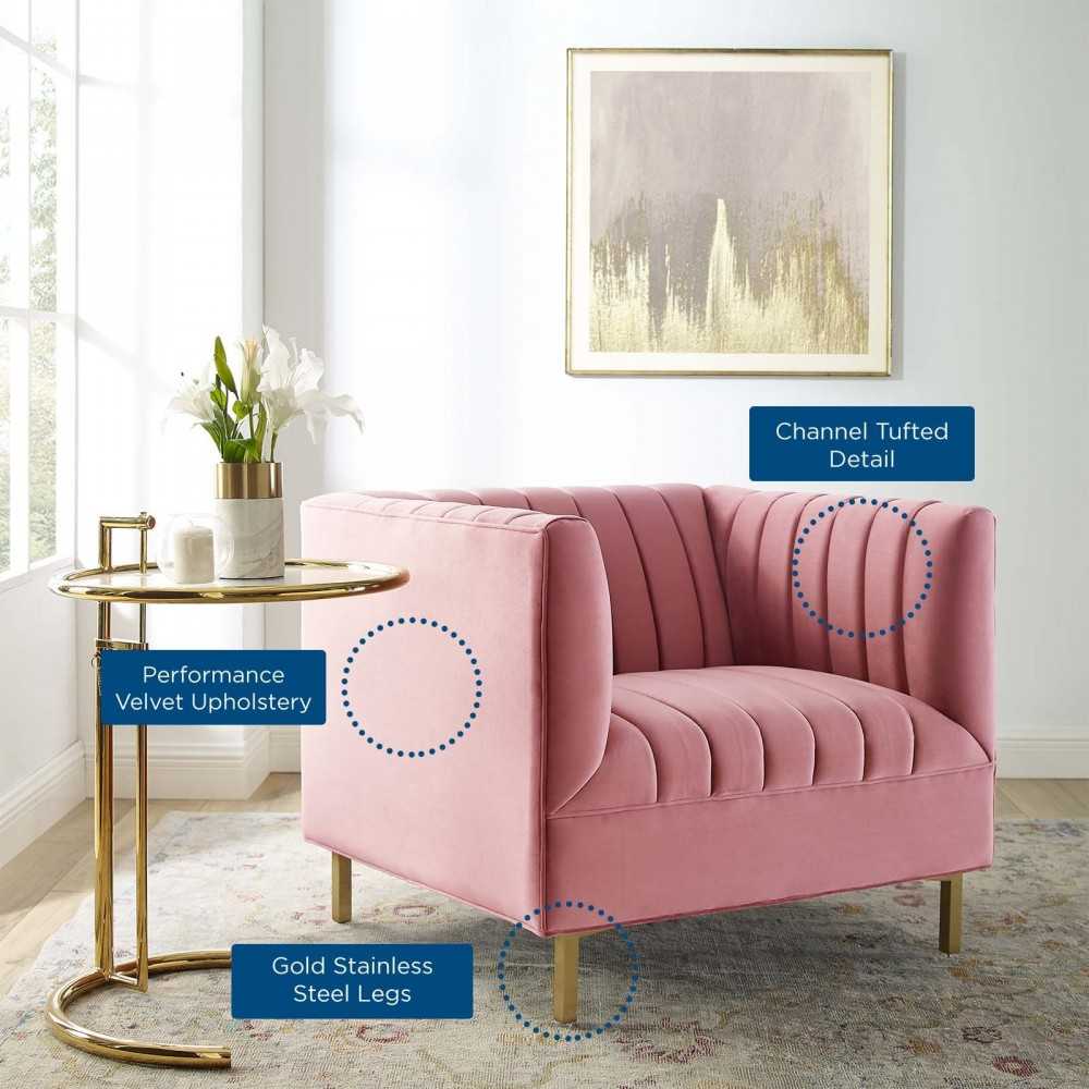 Shift Channel Tufted Performance Velvet Armchair, Dusty Rose