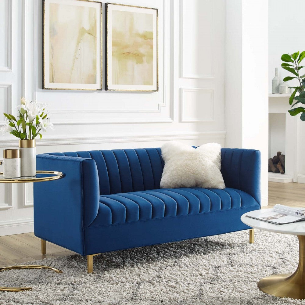 Shift Channel Tufted Performance Velvet Loveseat, Navy