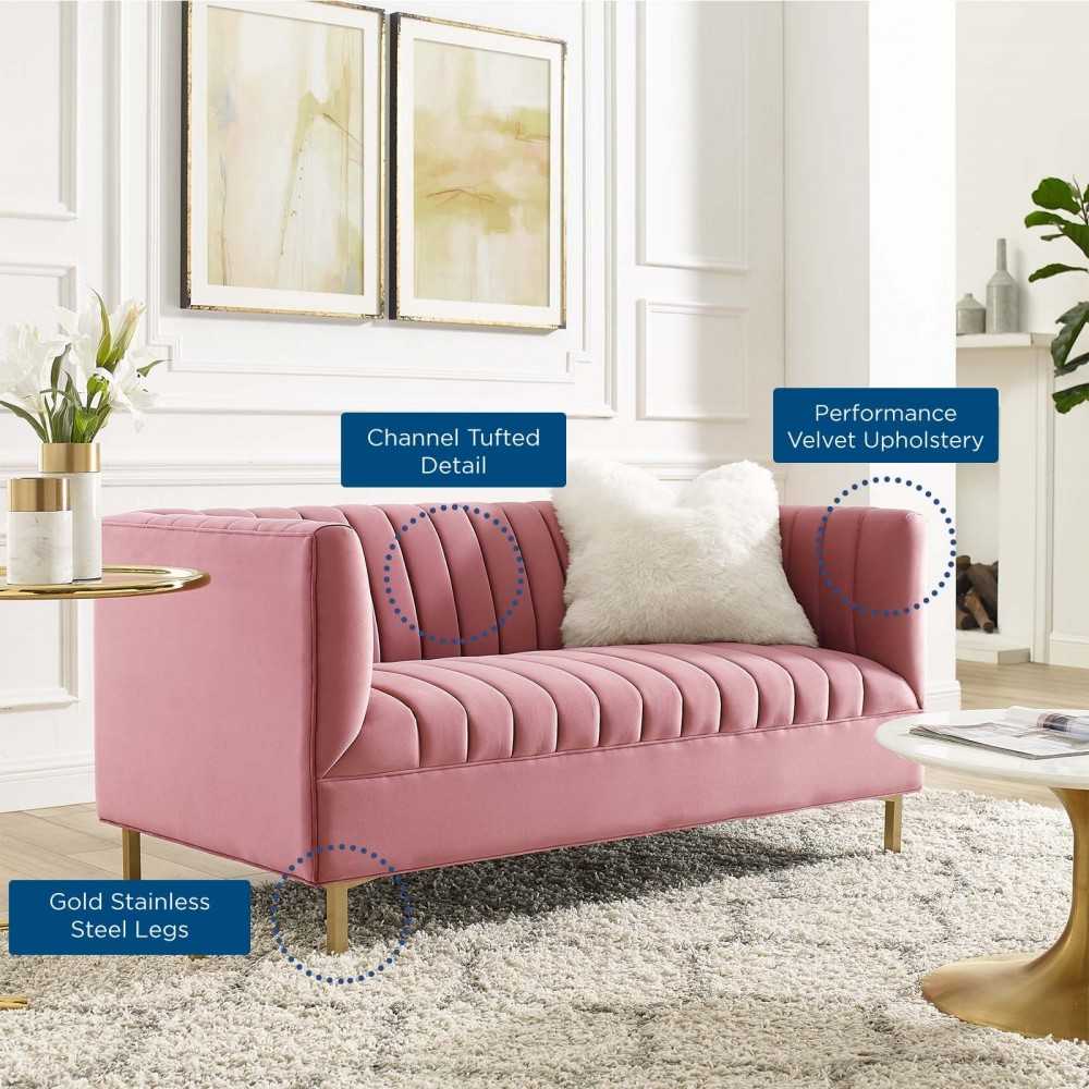 Shift Channel Tufted Performance Velvet Loveseat, Dusty Rose
