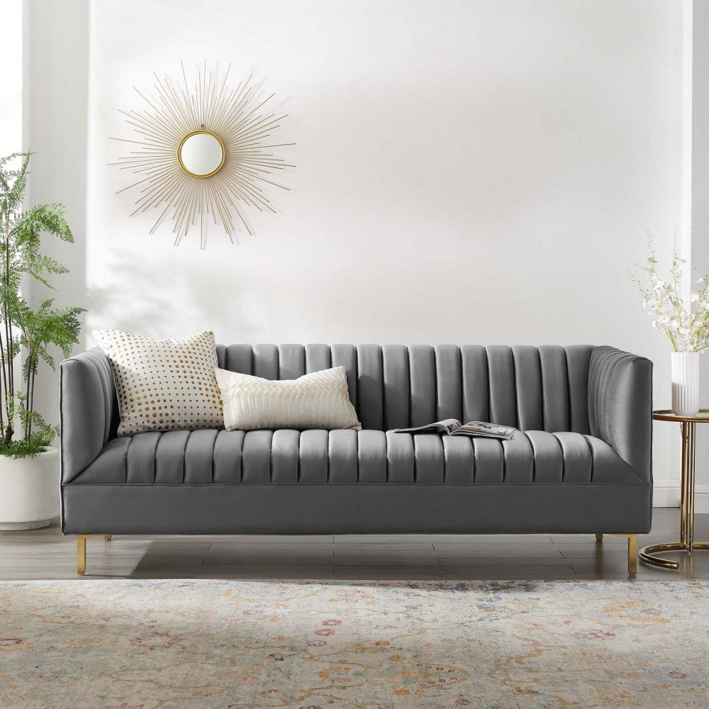 Shift Channel Tufted Performance Velvet Sofa, Gray