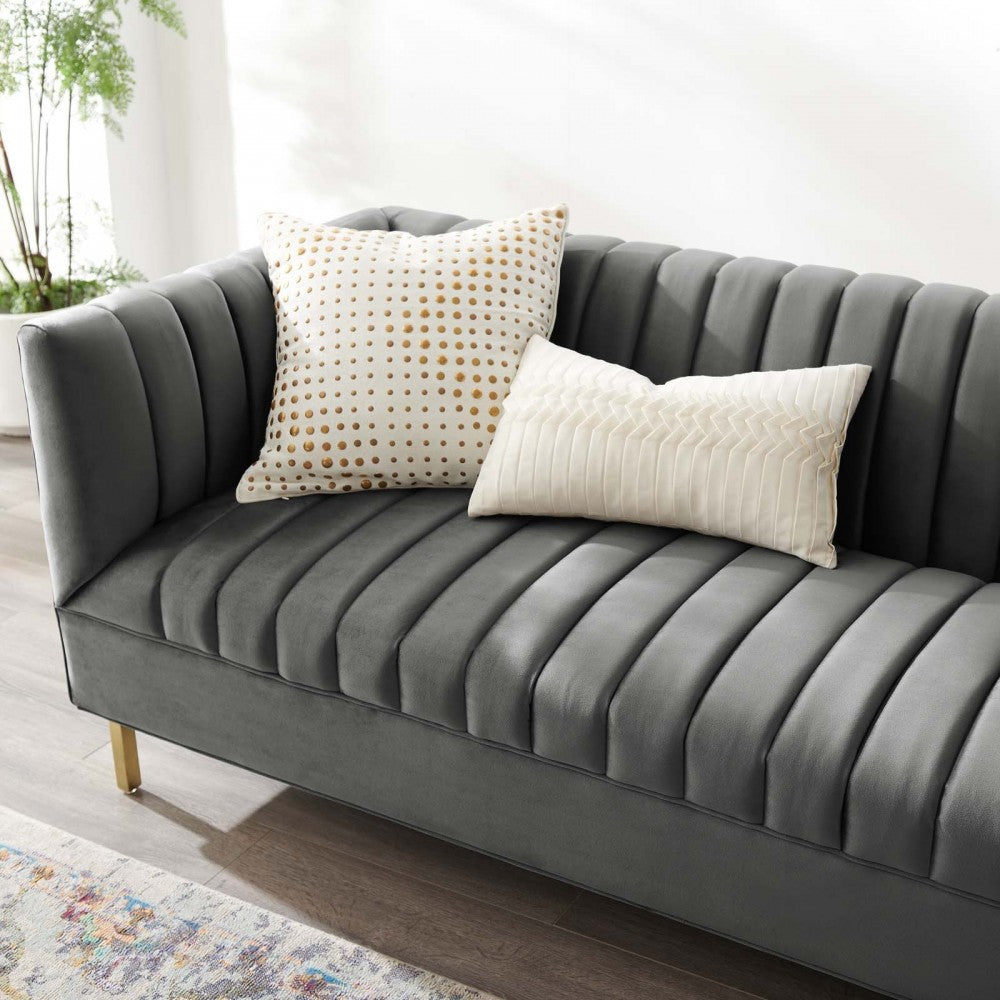 Shift Channel Tufted Performance Velvet Sofa, Gray