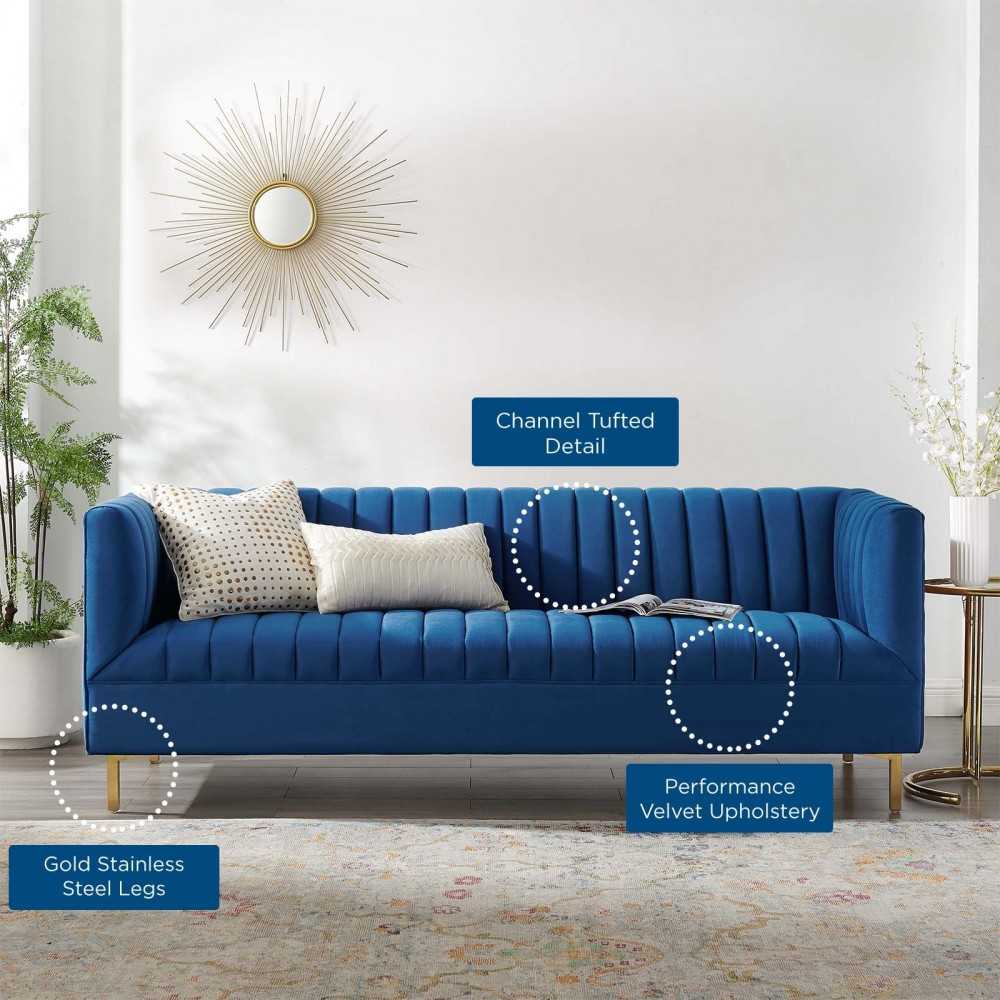 Shift Channel Tufted Performance Velvet Sofa, Navy