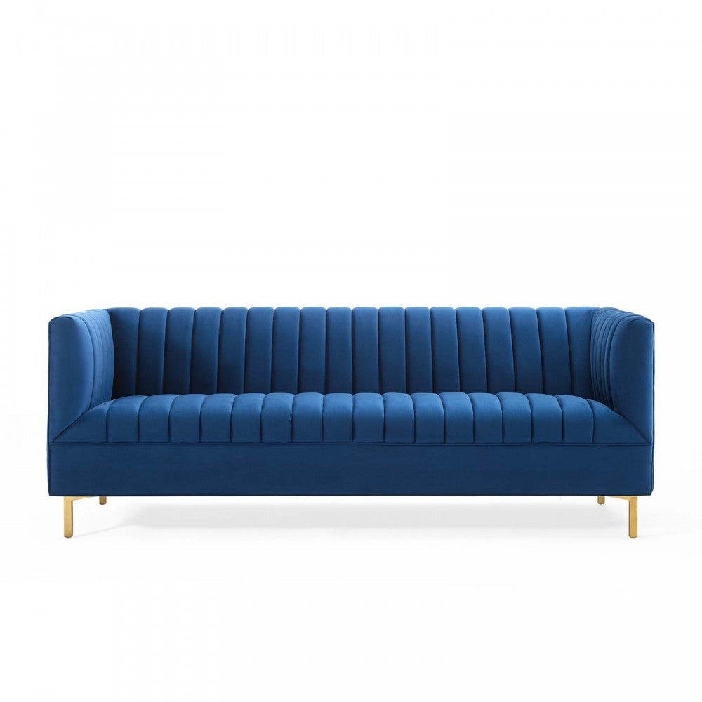 Shift Channel Tufted Performance Velvet Sofa, Navy