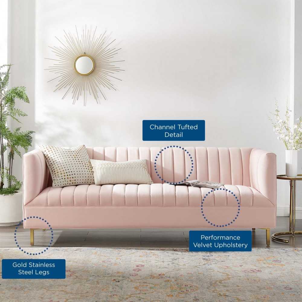 Shift Channel Tufted Performance Velvet Sofa, Pink