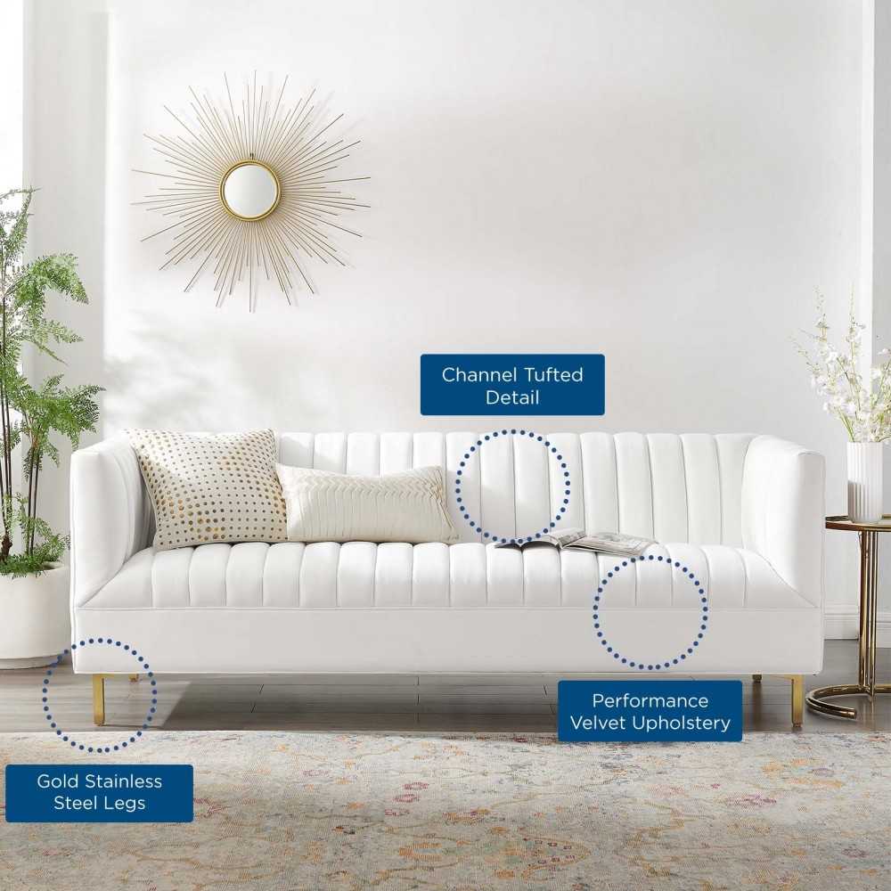 Shift Channel Tufted Performance Velvet Sofa, White