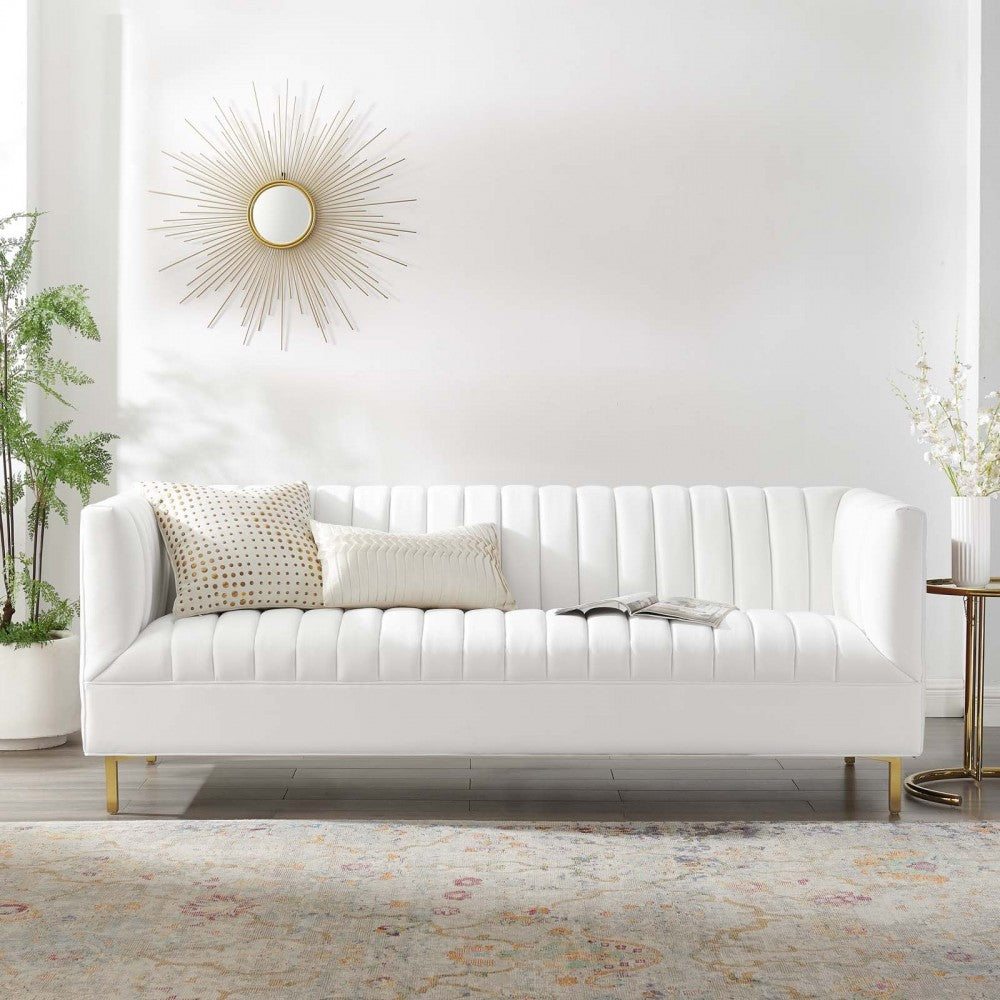 Shift Channel Tufted Performance Velvet Sofa, White