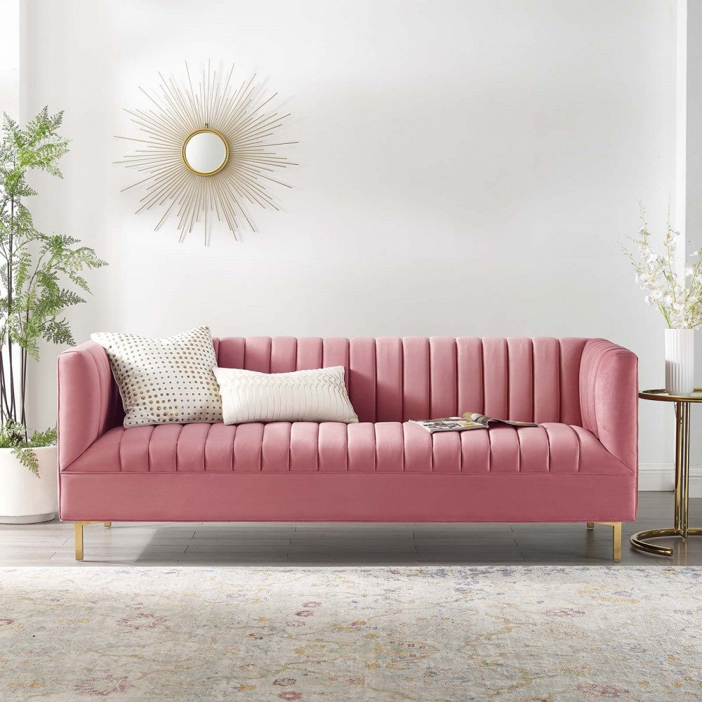 Shift Channel Tufted Performance Velvet Sofa, Dusty Rose