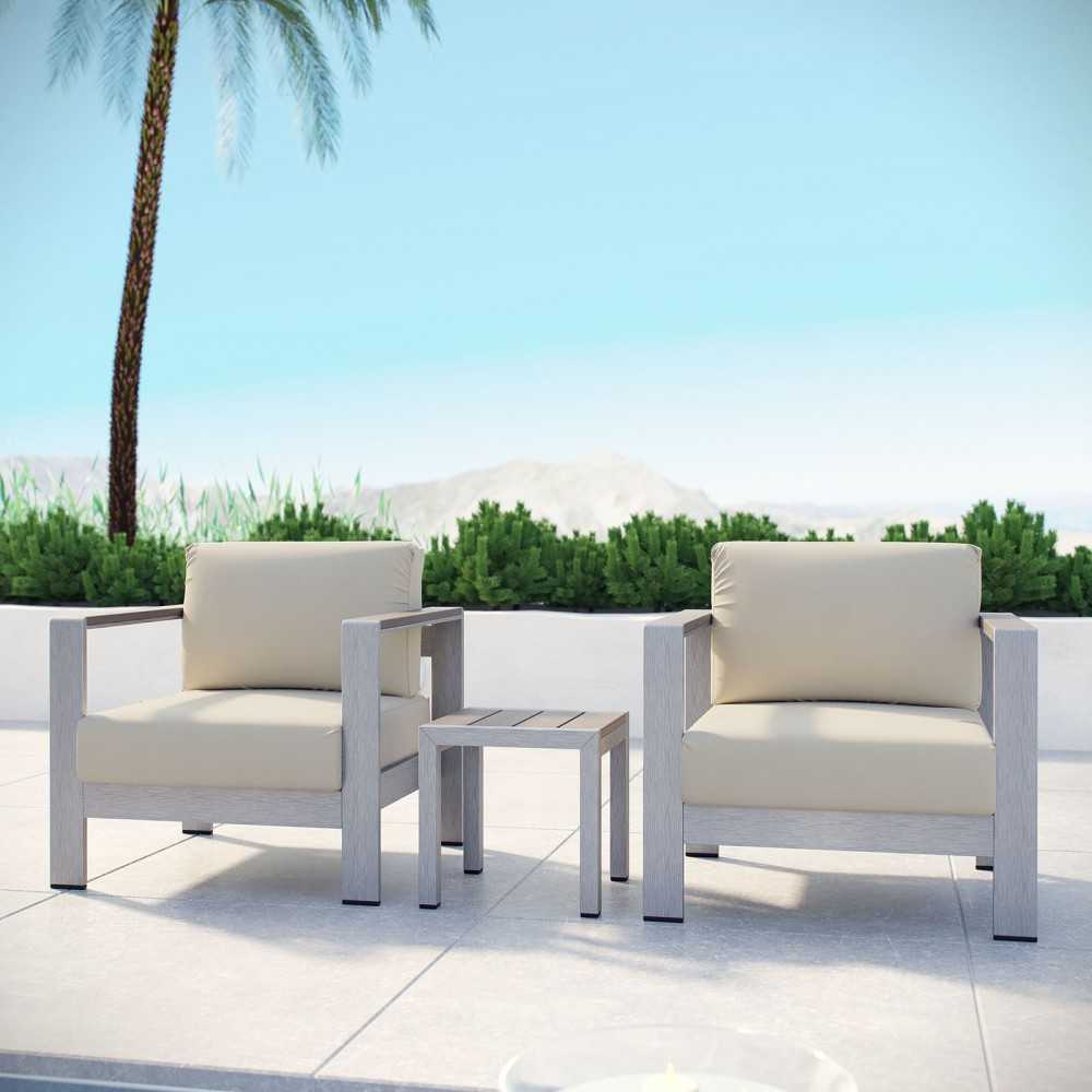 Shore 3 Piece Outdoor Patio Aluminum Set, Silver Beige