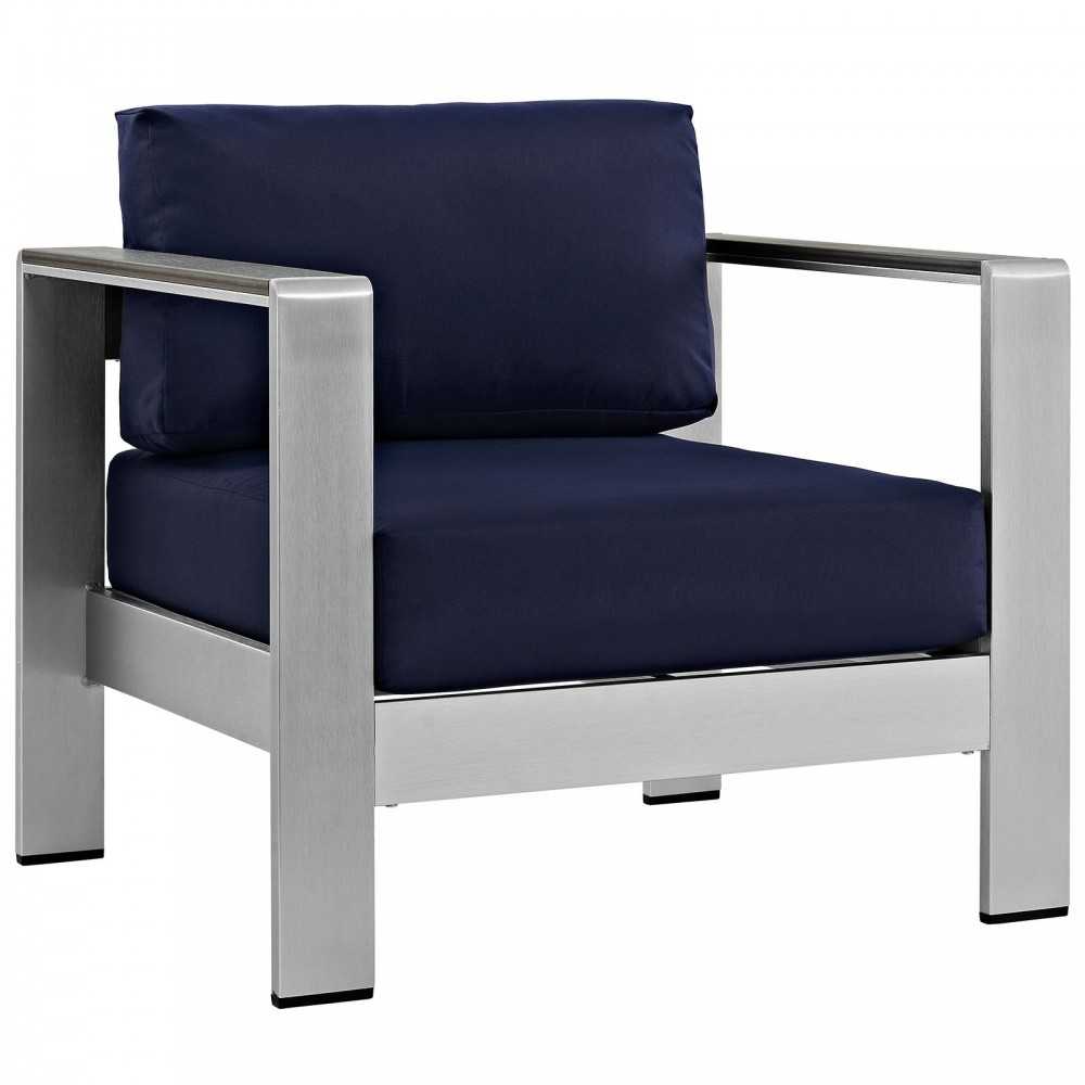 Shore 4 Piece Outdoor Patio Aluminum Sectional Sofa Set, Silver Navy, EEI-2567-SLV-NAV