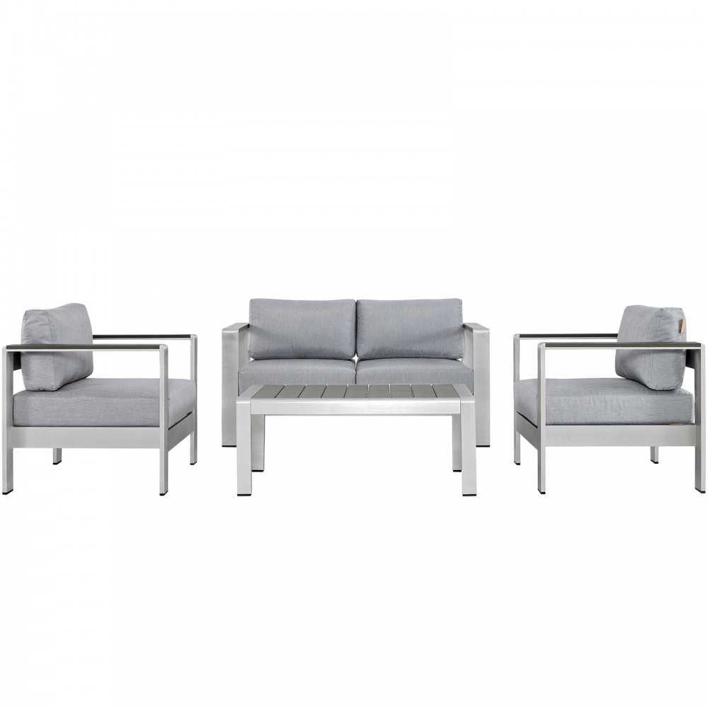 Shore 4 Piece Outdoor Patio Aluminum Sectional Sofa Set, Silver Gray, EEI-2567-SLV-GRY