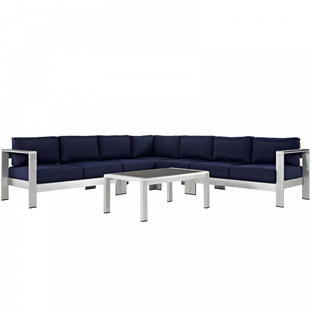 Shore 6 Piece Outdoor Patio Aluminum Sectional Sofa Set, Silver Navy, EEI-2561-SLV-NAV