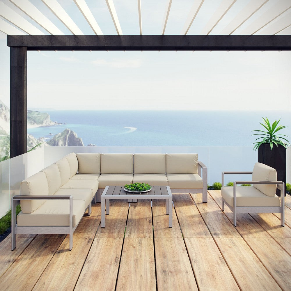 Shore 7 Piece Outdoor Patio Aluminum Sectional Sofa Set, Silver Beige