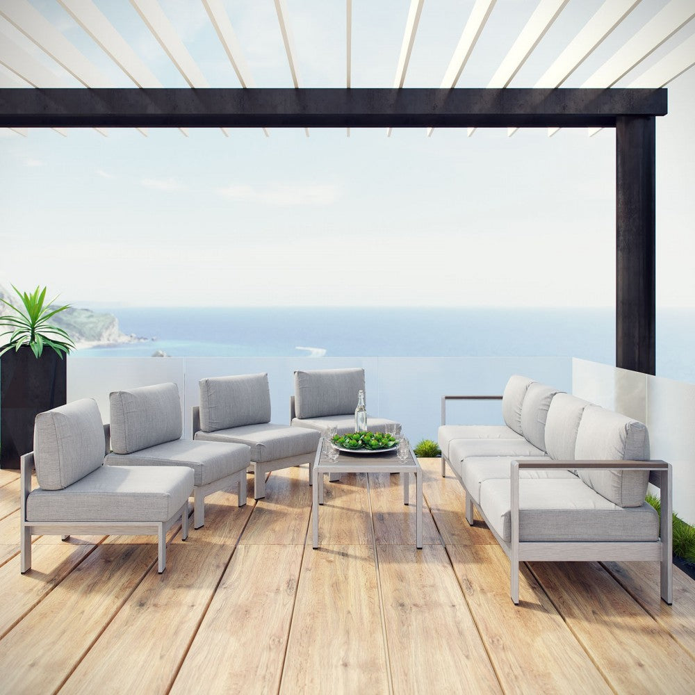 Shore 7 Piece Outdoor Patio Sectional Sofa Set, Silver Gray
