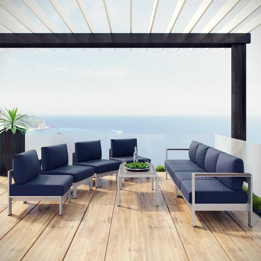 Shore 7 Piece Outdoor Patio Sectional Sofa Set, Silver Navy
