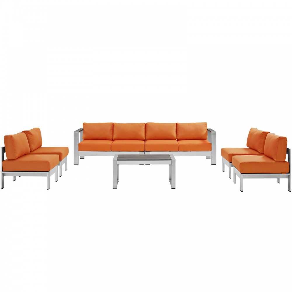 Shore 7 Piece Outdoor Patio Sectional Sofa Set, Silver Orange