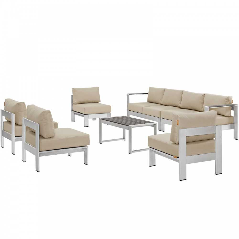 Shore 7 Piece Outdoor Patio Sectional Sofa Set, Silver Beige