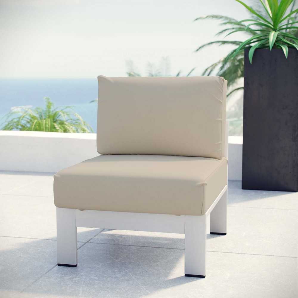 Shore Armless Outdoor Patio Aluminum Chair, Silver Beige