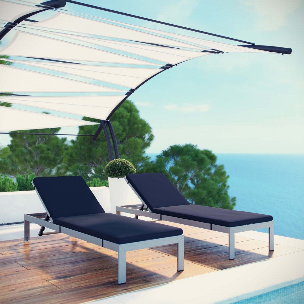 Shore Chaise with Cushions Outdoor Patio Aluminum Set of 2, Silver Navy