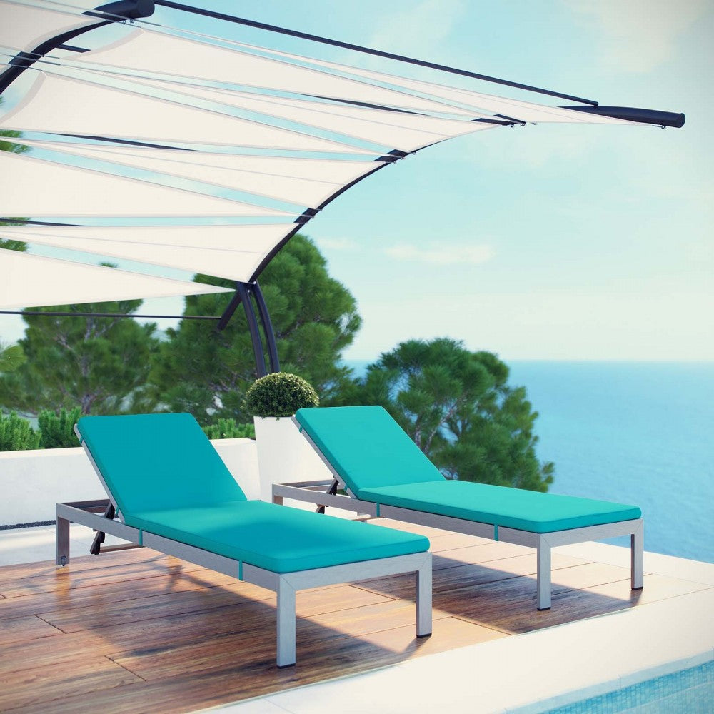 Shore Chaise with Cushions Outdoor Patio Aluminum Set of 2, Silver Turquoise