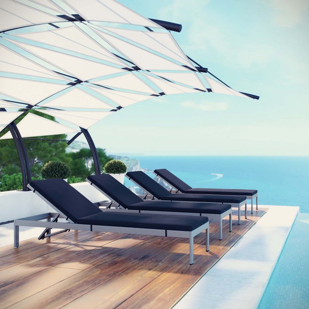 Shore Chaise with Cushions Outdoor Patio Aluminum Set of 4, Silver Navy