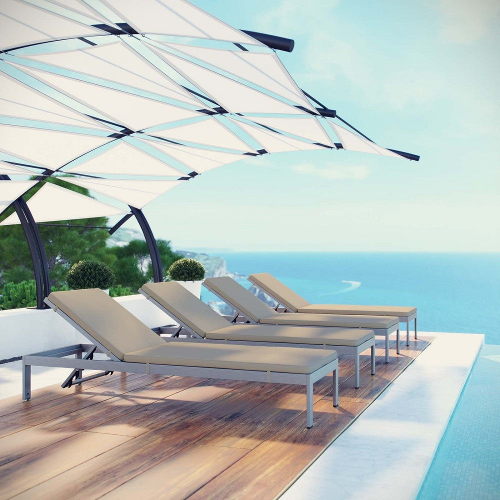 Shore Chaise with Cushions Outdoor Patio Aluminum Set of 4, Silver Beige
