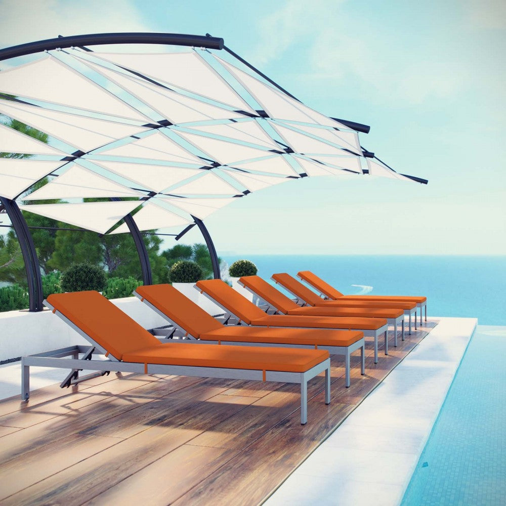Shore Chaise with Cushions Outdoor Patio Aluminum Set of 6, Silver Orange