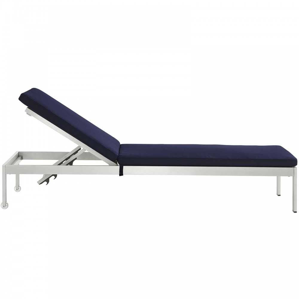 Shore Outdoor Patio Aluminum Chaise with Cushions, Silver Navy, EEI-4502-SLV-NAV