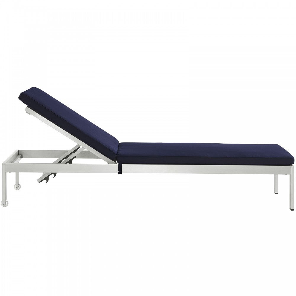 Shore Outdoor Patio Aluminum Chaise with Cushions, Silver Navy, EEI-2660-SLV-NAV
