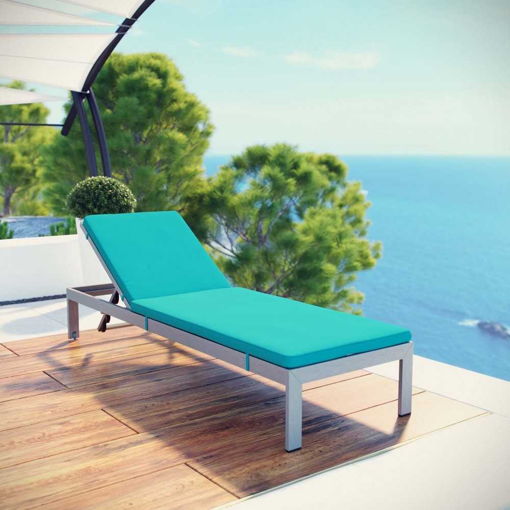 Shore Outdoor Patio Aluminum Chaise with Cushions, Silver Turquoise, EEI-2660-SLV-TRQ