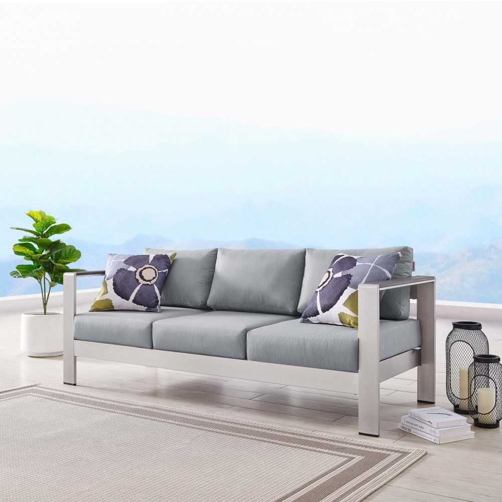 Shore Outdoor Patio Aluminum Sofa, Silver Gray
