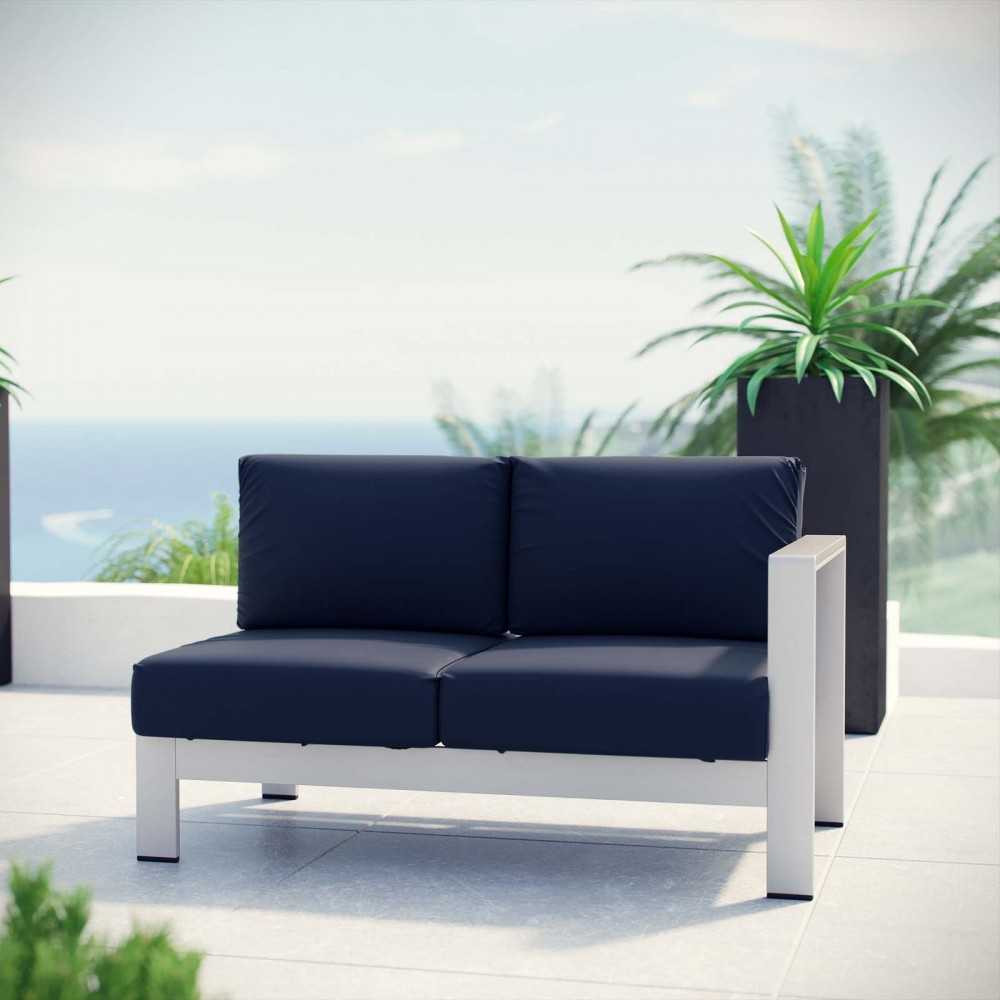 Shore Right-Arm Corner Sectional Outdoor Patio Aluminum Loveseat, Silver Navy