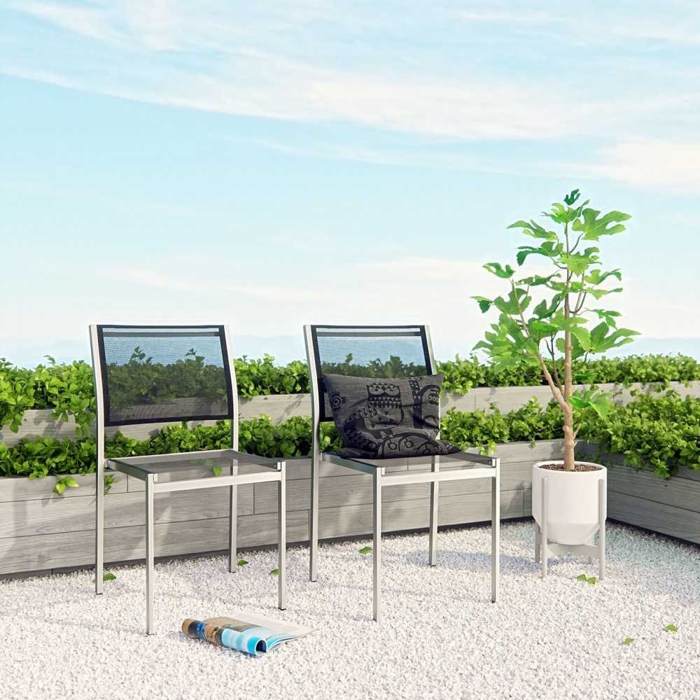 Shore Side Chair Outdoor Patio Aluminum Set of 2, Silver Black