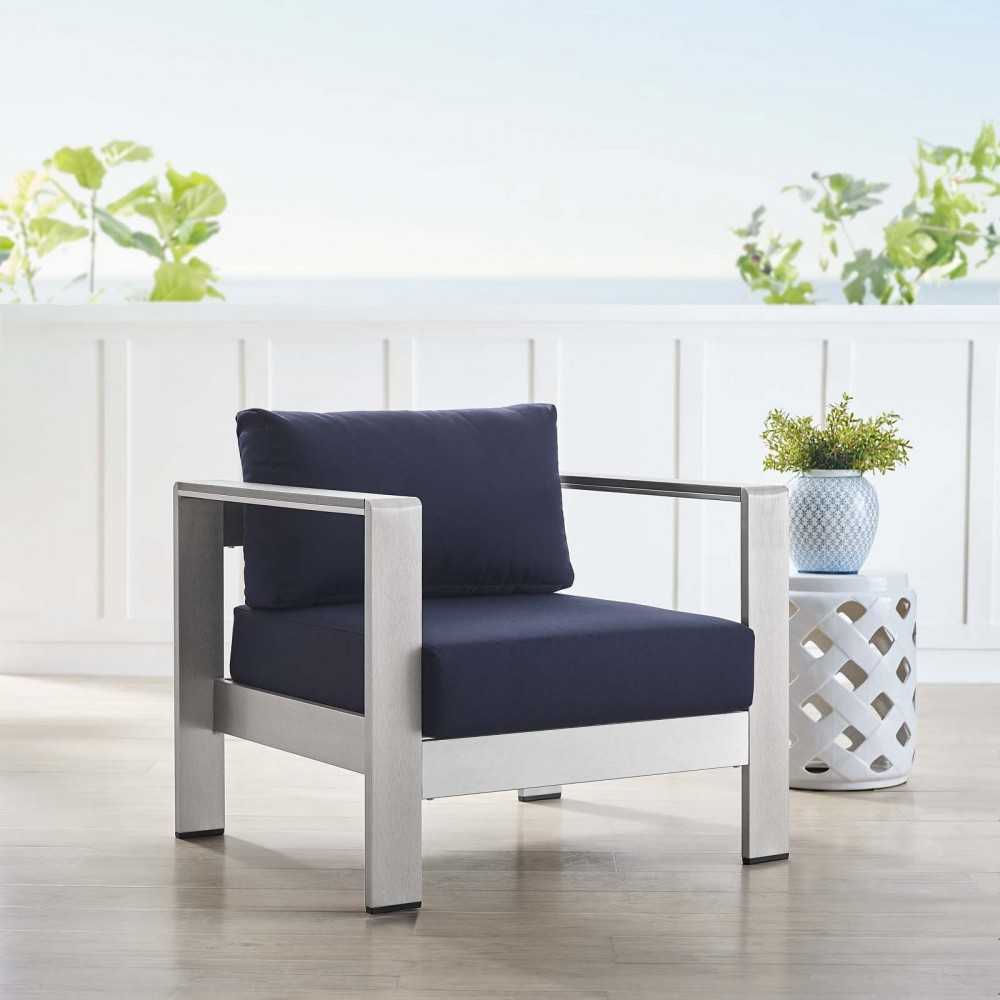 Shore Sunbrella Fabric Aluminum Outdoor Patio Armchair, Silver Navy