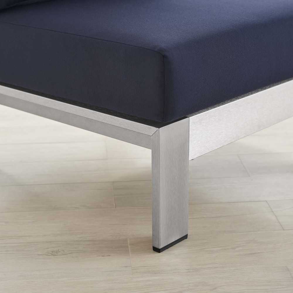 Shore Sunbrella Fabric Aluminum Outdoor Patio Armless Chair, Silver Navy