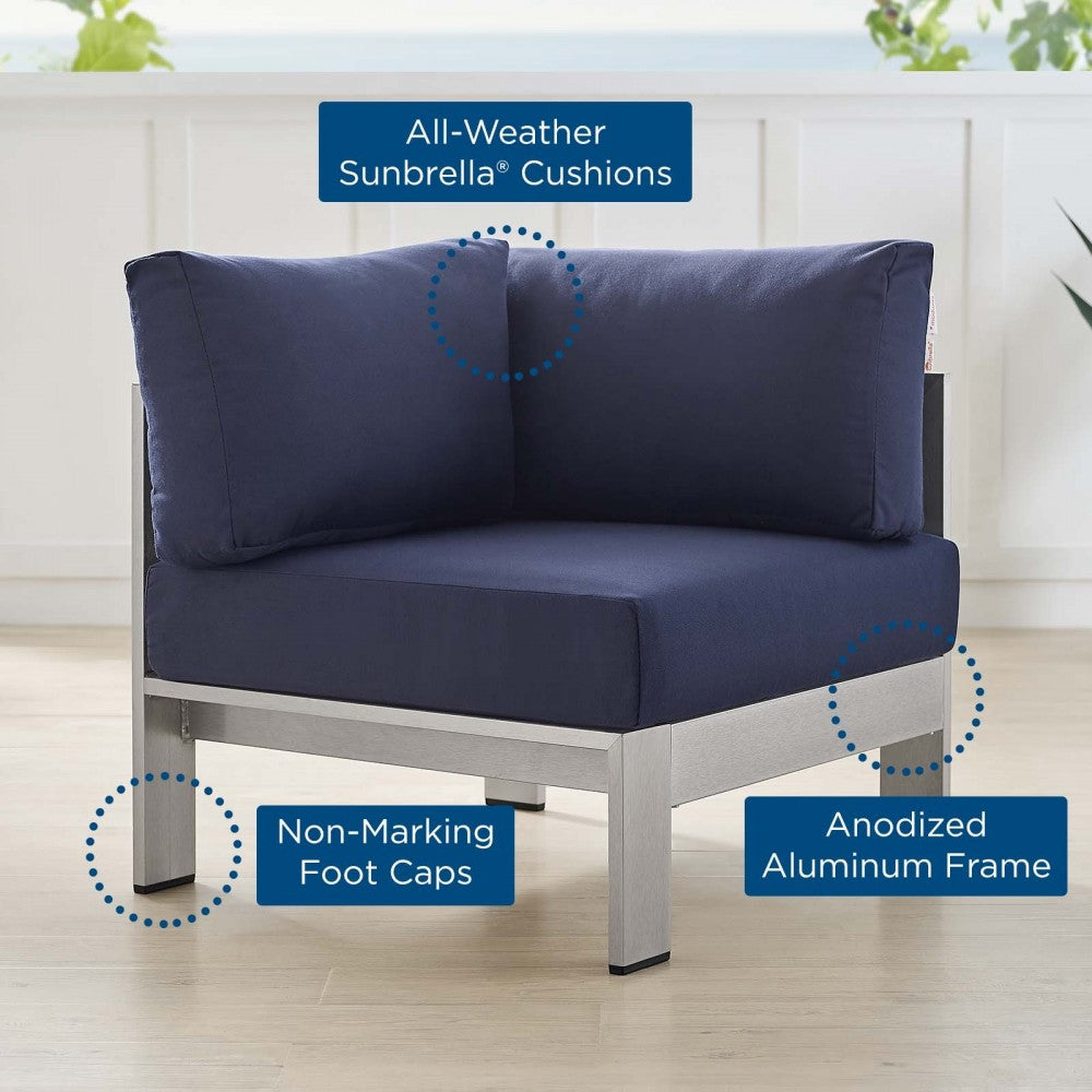 Shore Sunbrella Fabric Aluminum Outdoor Patio Corner Sofa, Silver Navy