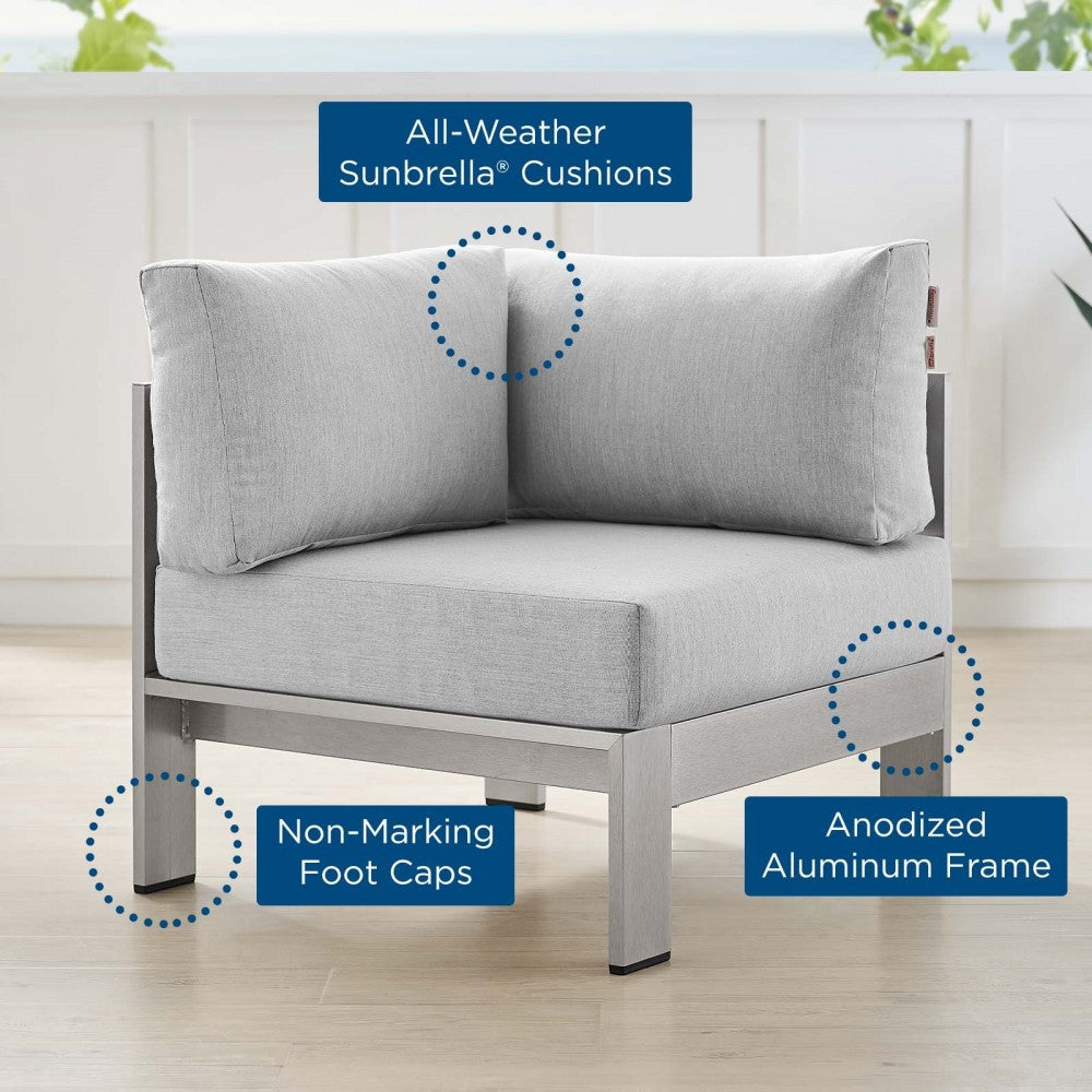 Shore Sunbrella Fabric Aluminum Outdoor Patio Corner Sofa, Silver Gray