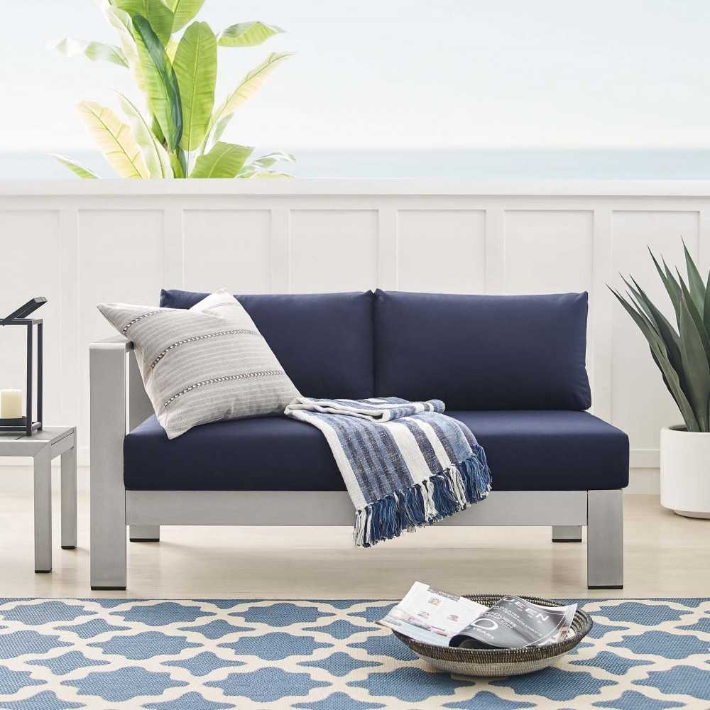 Shore Sunbrella Fabric Aluminum Outdoor Patio Left-Arm Loveseat, Silver Navy