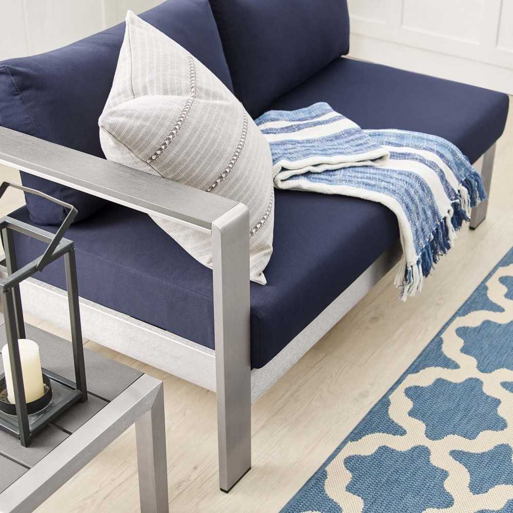 Shore Sunbrella Fabric Aluminum Outdoor Patio Left-Arm Loveseat, Silver Navy