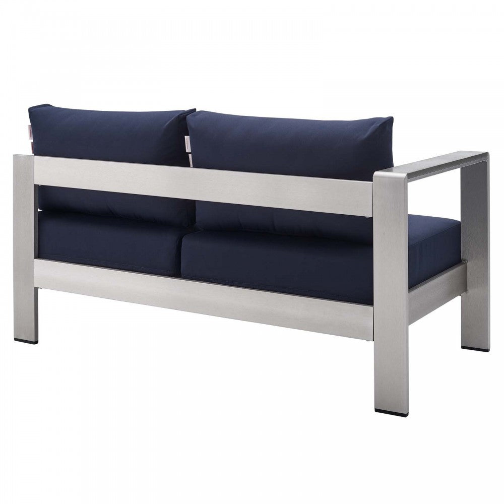 Shore Sunbrella Fabric Aluminum Outdoor Patio Left-Arm Loveseat, Silver Navy