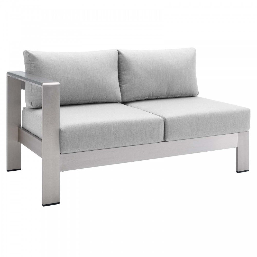 Shore Sunbrella Fabric Aluminum Outdoor Patio Left-Arm Loveseat, Silver Gray