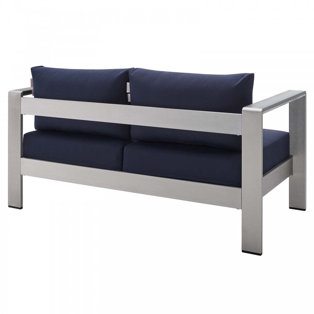 Shore Sunbrella Fabric Aluminum Outdoor Patio Loveseat, Silver Navy