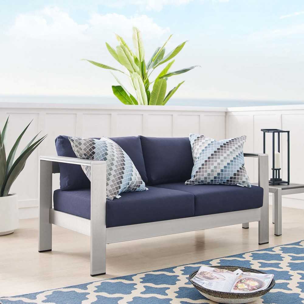 Shore Sunbrella Fabric Aluminum Outdoor Patio Loveseat, Silver Navy