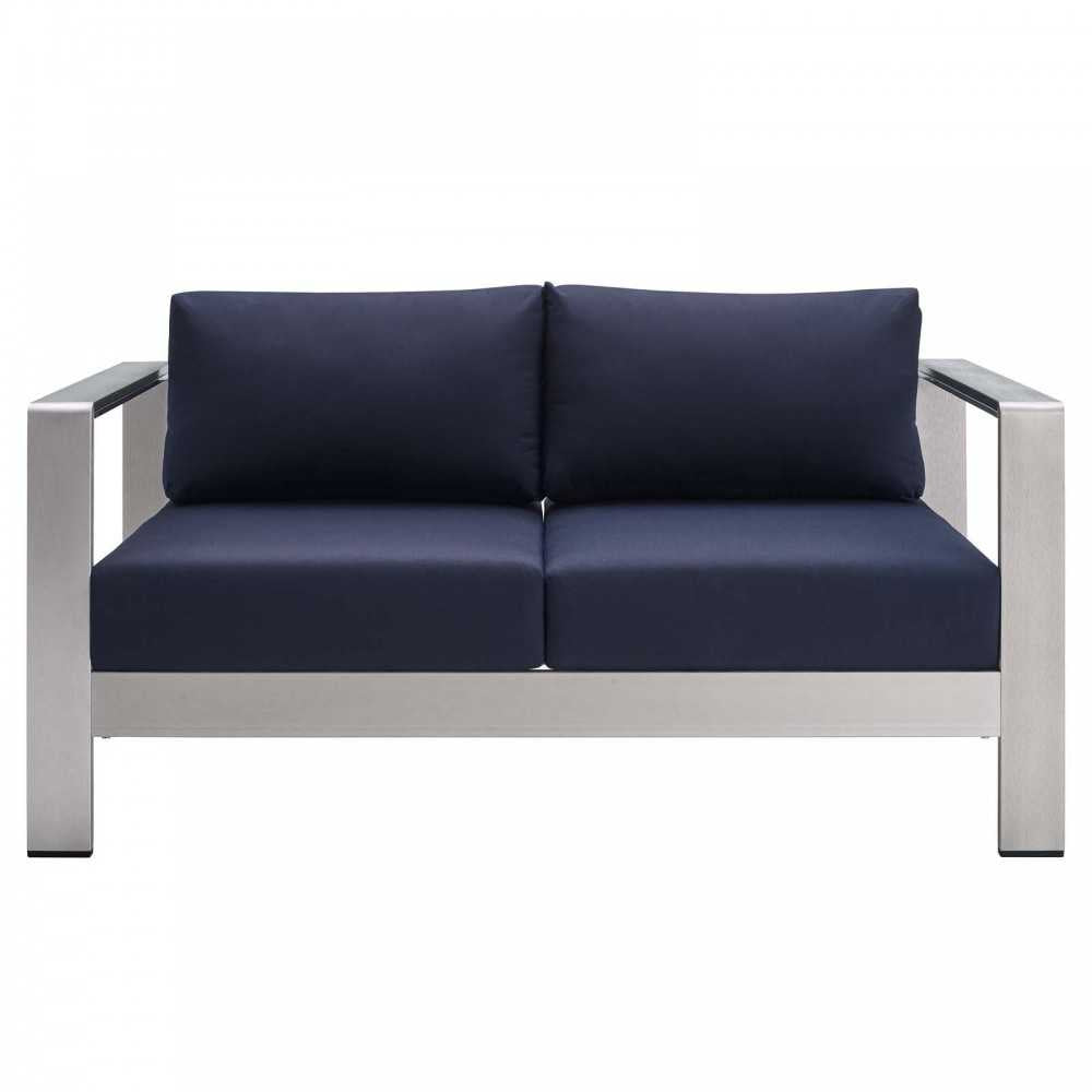 Shore Sunbrella Fabric Aluminum Outdoor Patio Loveseat, Silver Navy