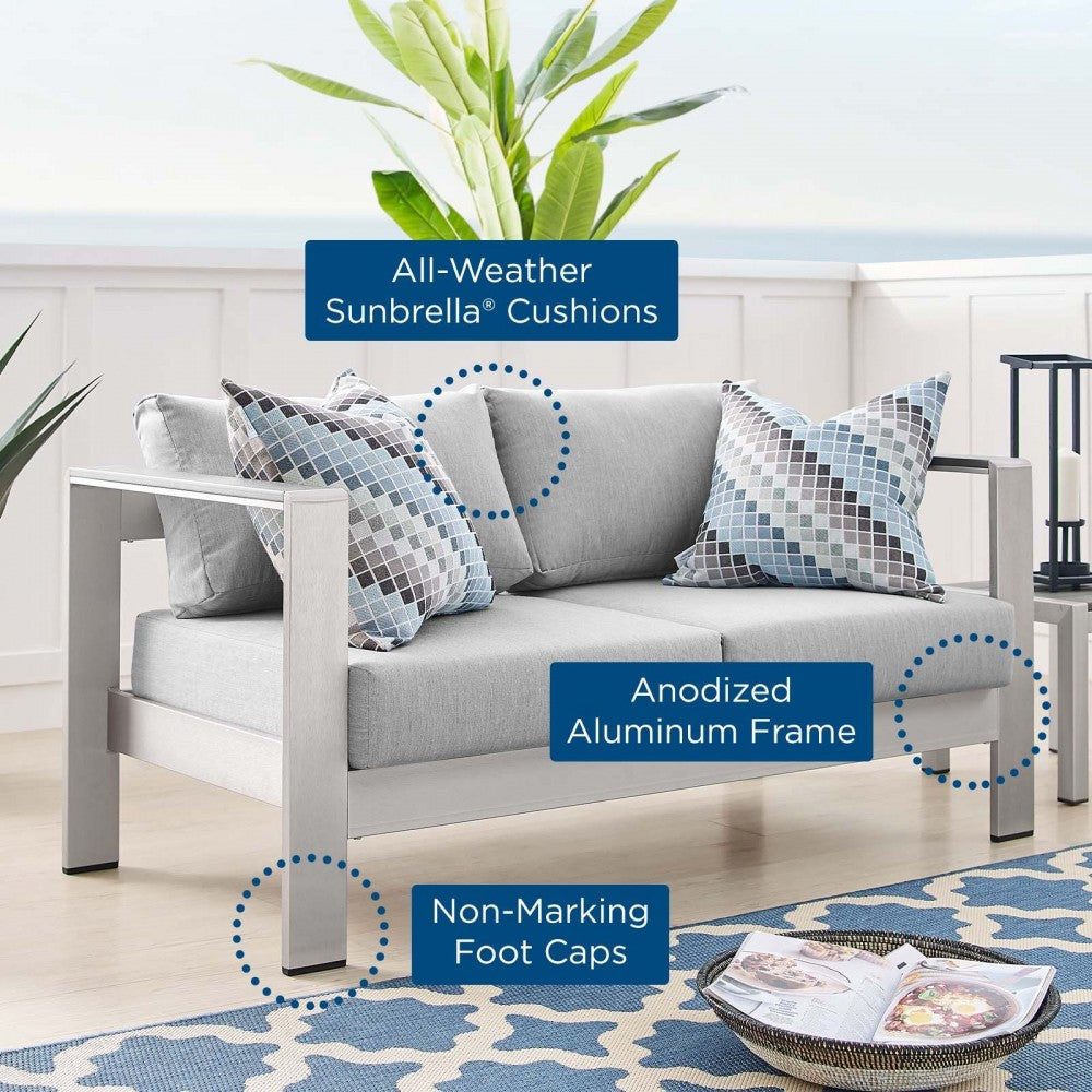 Shore Sunbrella Fabric Aluminum Outdoor Patio Loveseat, Silver Gray