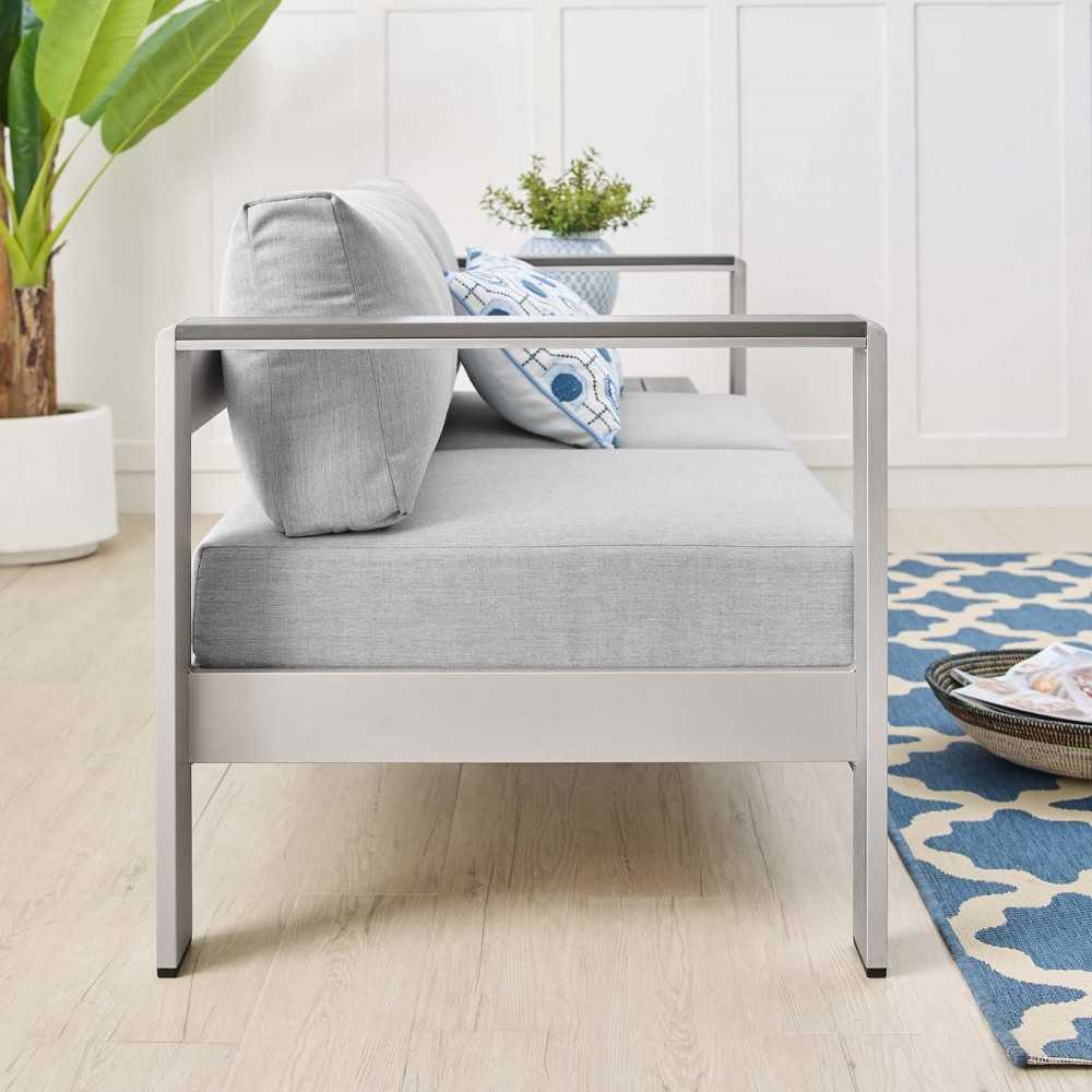 Shore Sunbrella Fabric Aluminum Outdoor Patio Loveseat, Silver Gray