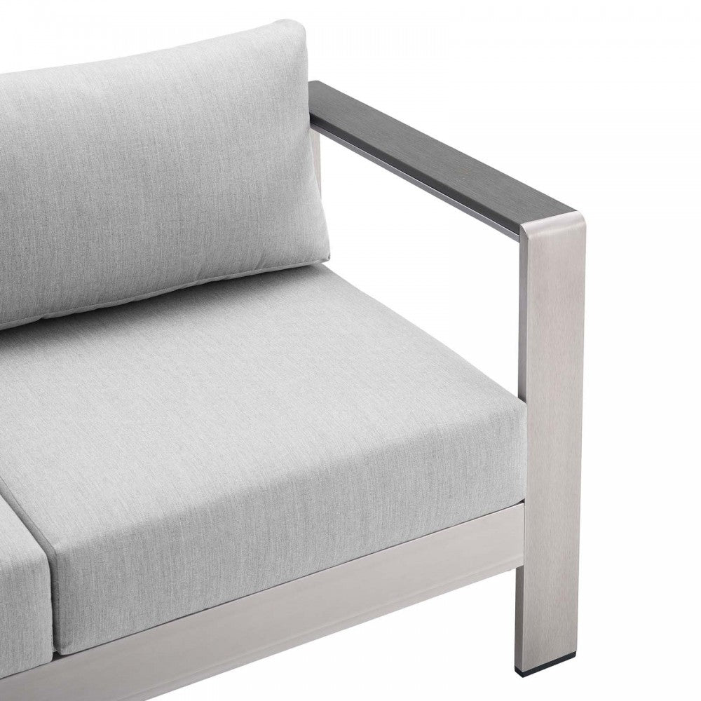 Shore Sunbrella Fabric Aluminum Outdoor Patio Loveseat, Silver Gray
