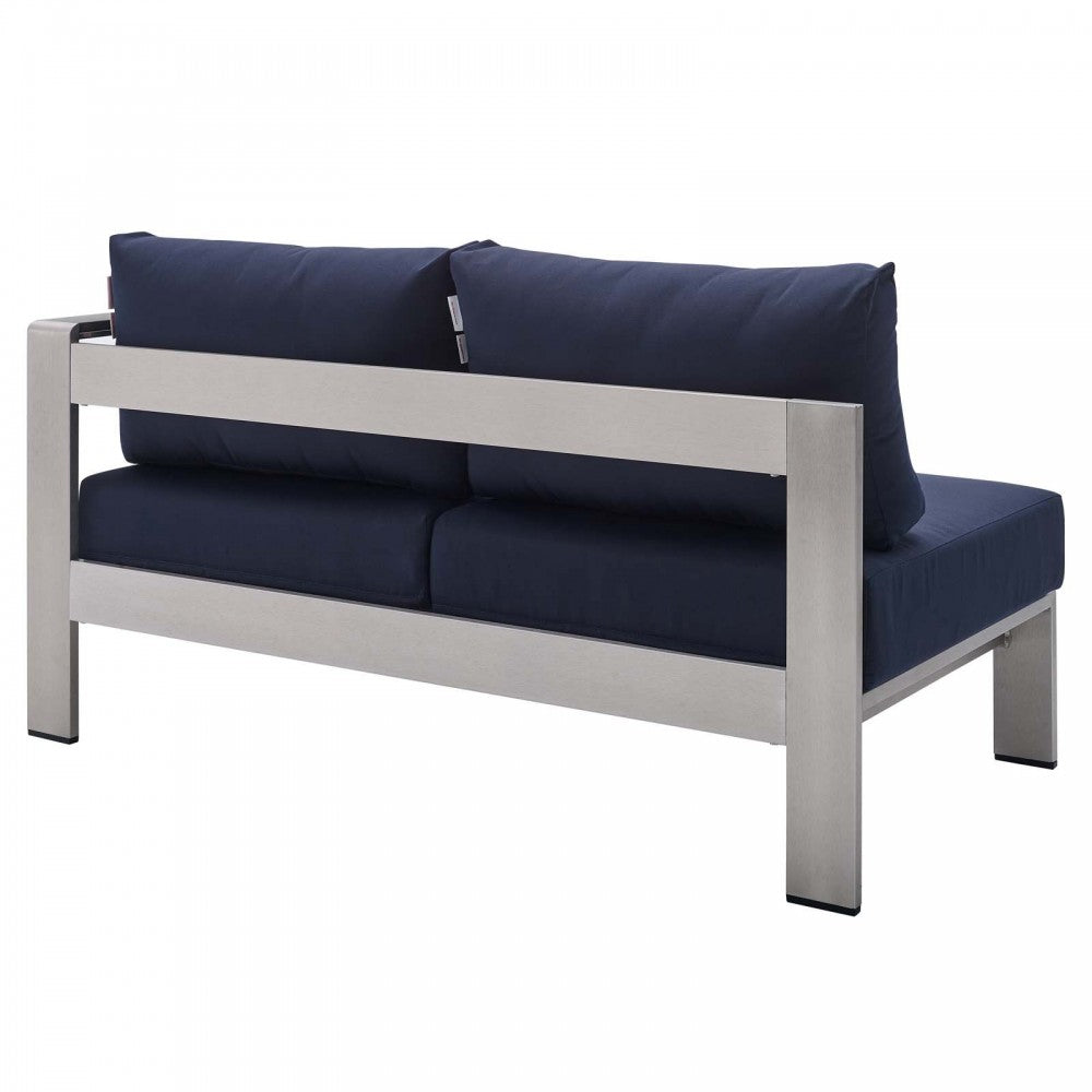 Shore Sunbrella Fabric Aluminum Outdoor Patio Right-Arm Loveseat, Silver Navy