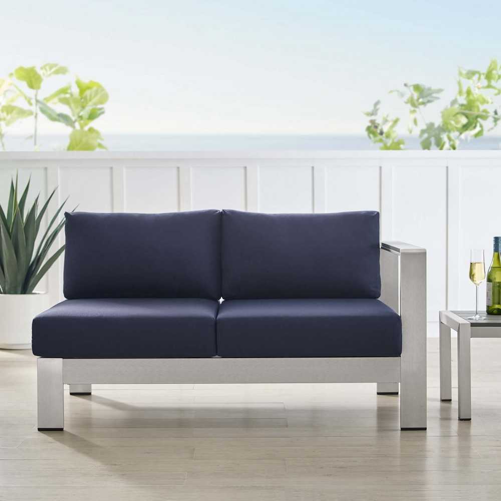 Shore Sunbrella Fabric Aluminum Outdoor Patio Right-Arm Loveseat, Silver Navy