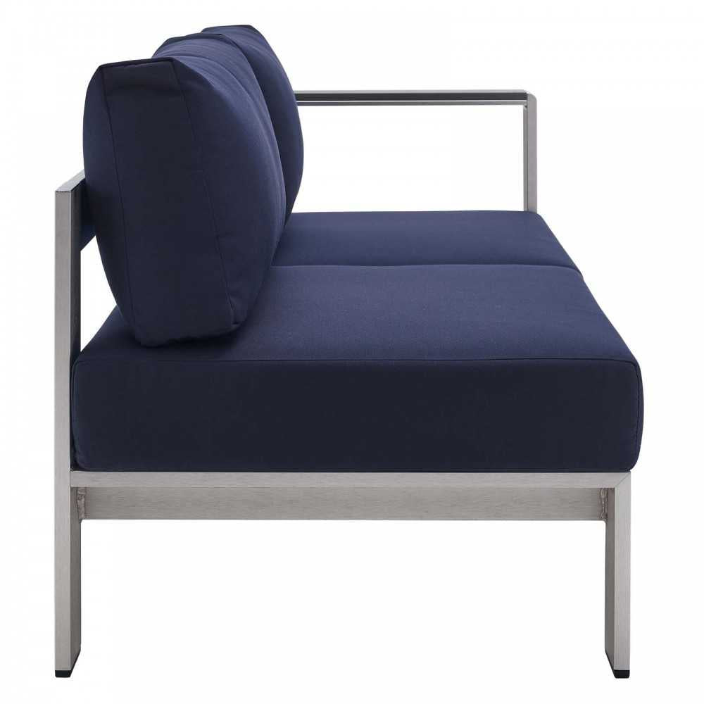 Shore Sunbrella Fabric Aluminum Outdoor Patio Right-Arm Loveseat, Silver Navy
